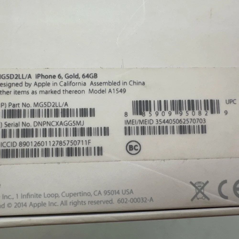 BOX ONLY Apple iPhone 6 in Gold 64Gb w/papers and stickers inside